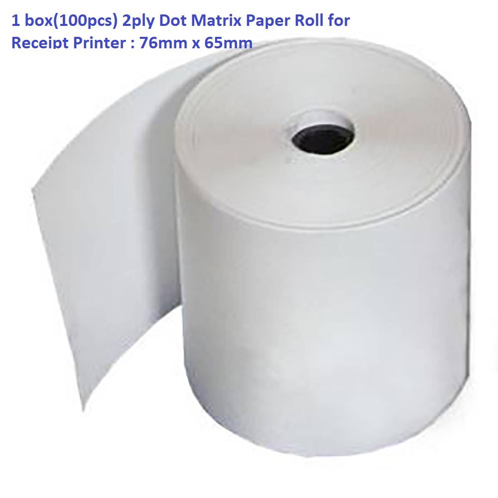 1 box(100pcs) 2ply Dot Matrix Paper Roll for Receipt Printer : 76mm x 65mm