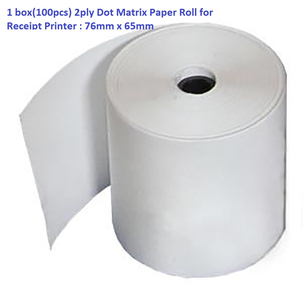 1 box(100pcs) 2ply Dot Matrix Paper Roll for Receipt Printer : 76mm x 65mm